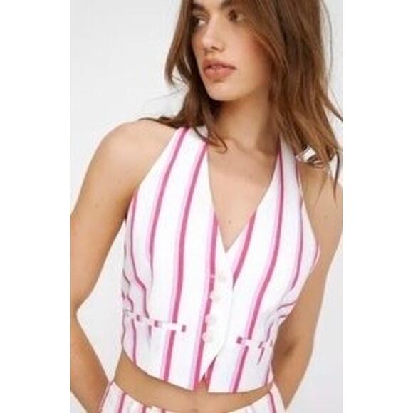 Nasty Gal NWT Premium Striped Linen Tailored Halter Vest Sz 14 Backless Cropped - Picture 1 of 8